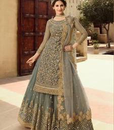OLIVE GREEN NET EMBROIDERED SEMI STITCH DRESS MATERIAL