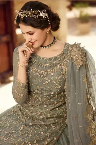 OLIVE GREEN NET EMBROIDERED SEMI STITCH DRESS MATERIAL