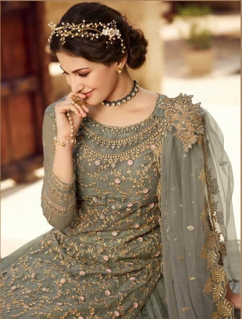 OLIVE GREEN NET EMBROIDERED SEMI STITCH DRESS MATERIAL