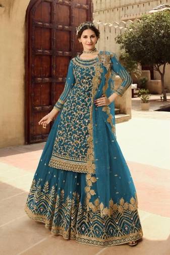 TEAL NET EMBROIDERED SEMI STITCH DRESS MATERIAL