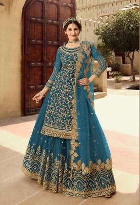 TEAL NET EMBROIDERED SEMI STITCH DRESS MATERIAL 1