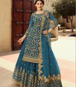 TEAL NET EMBROIDERED SEMI STITCH DRESS MATERIAL