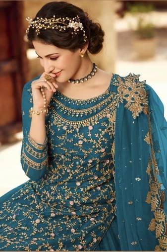 TEAL NET EMBROIDERED SEMI STITCH DRESS MATERIAL