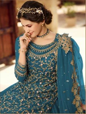 TEAL NET EMBROIDERED SEMI STITCH DRESS MATERIAL 2