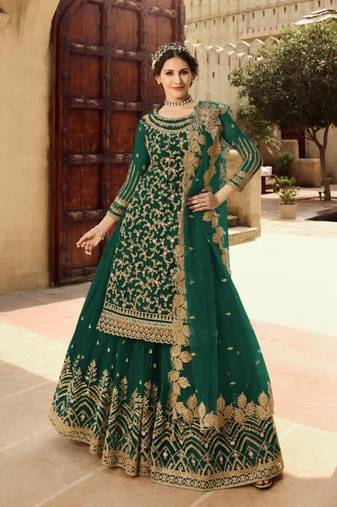 GREEN NET EMBROIDERED SEMI STITCH DRESS MATERIAL