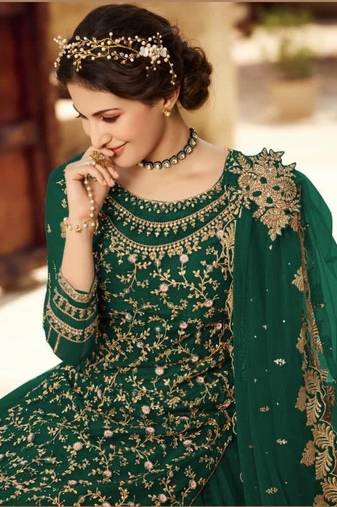 GREEN NET EMBROIDERED SEMI STITCH DRESS MATERIAL
