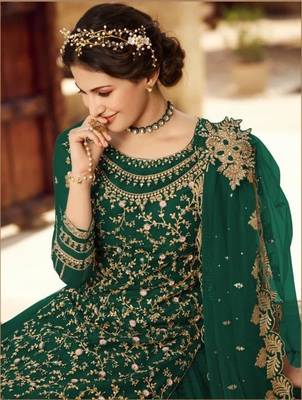 GREEN NET EMBROIDERED SEMI STITCH DRESS MATERIAL 2