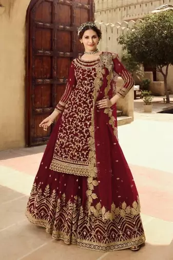 MAROON NET EMBROIDERED SEMI STITCH DRESS MATERIAL