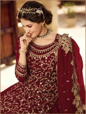 MAROON NET EMBROIDERED SEMI STITCH DRESS MATERIAL 1