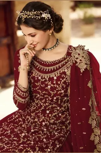 MAROON NET EMBROIDERED SEMI STITCH DRESS MATERIAL