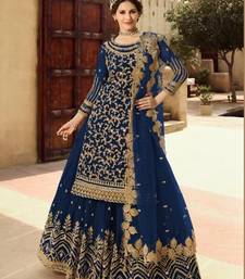 NAVY BLUE NET EMBROIDERED SEMI STITCH DRESS MATERIAL