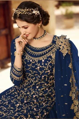 NAVY BLUE NET EMBROIDERED SEMI STITCH DRESS MATERIAL