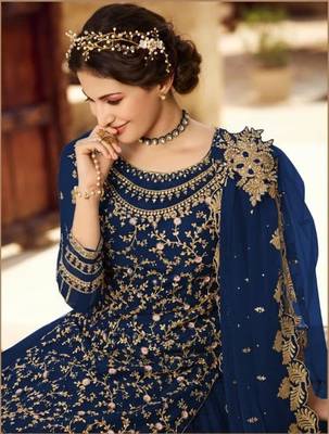 NAVY BLUE NET EMBROIDERED SEMI STITCH DRESS MATERIAL 2