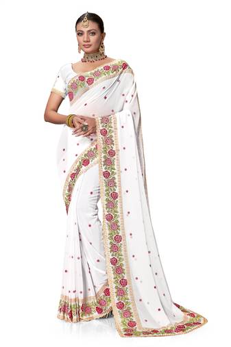 White Resham Embroidery Work Georgette Saree
