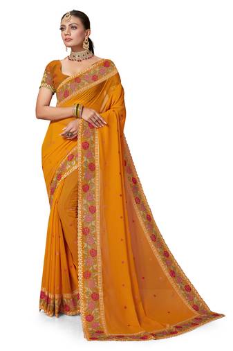 Mustard Resham Embroidery Work Georgette Saree