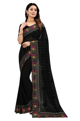 Black Resham Sequins Embroidery Georgette Saree