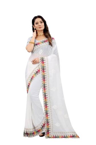 White Resham Sequins Embroidery Georgette Saree