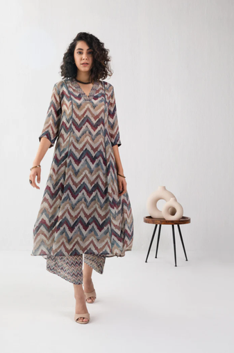 Keri perry women's grey zig-zag print printed reyon stitched co-ord set