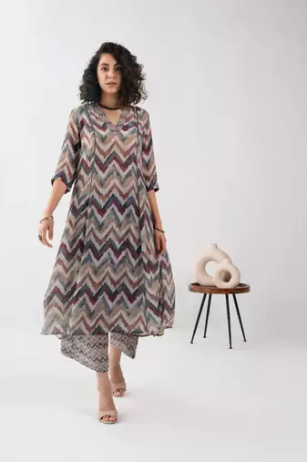 Keri perry women's grey zig-zag print printed reyon stitched co-ord set