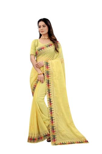 Yellow Resham Sequins Embroidery Georgette Saree