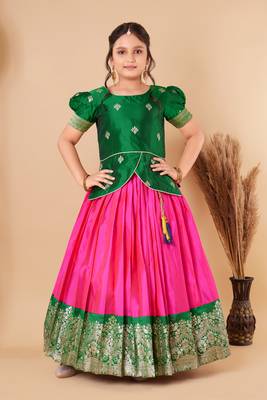 Kids Green New south Indian traditional pattu pavadai  Lehenga choli for girls dress 1