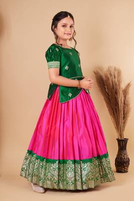 Kids Green New south Indian traditional pattu pavadai  Lehenga choli for girls dress 3