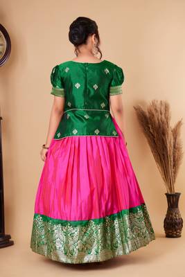 Kids Green New south Indian traditional pattu pavadai  Lehenga choli for girls dress 4