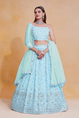 Beautiful Sky Blue Sequins Embroidery Work Lehenga Choli With Dupatta  2