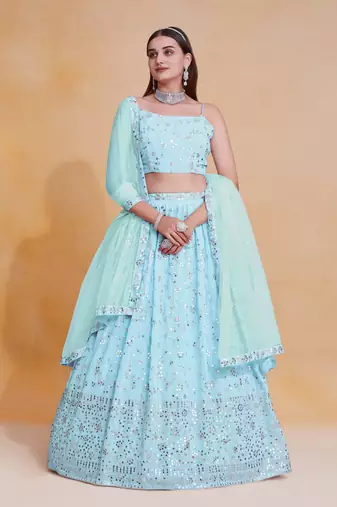 Beautiful Sky Blue Sequins Embroidery Work Lehenga Choli With Dupatta 