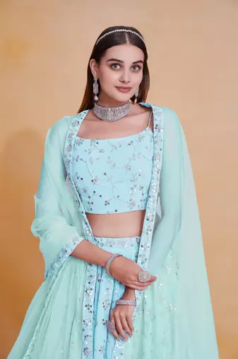 Beautiful Sky Blue Sequins Embroidery Work Lehenga Choli With Dupatta 