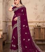 Purple Zari Embroidered Border Work Georgette Saree With Blouse Piece