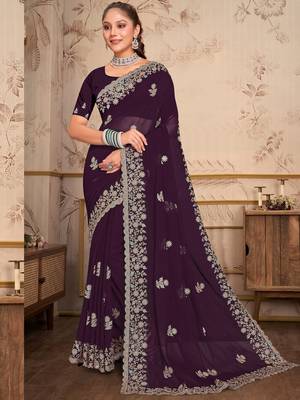 Purple Zari Embroidered Border Georgette Saree With Blouse Piece 6