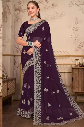Purple Zari Embroidered Border Georgette Saree With Blouse Piece
