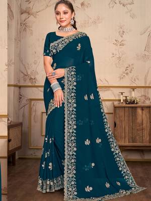 Teal Blue Zari Embroidered Border Georgette Saree With Blouse Piece 6