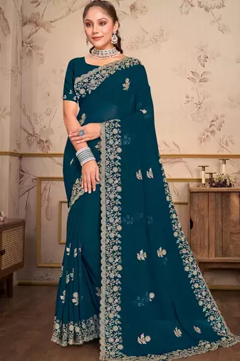 Teal Blue Zari Embroidered Border Georgette Saree With Blouse Piece