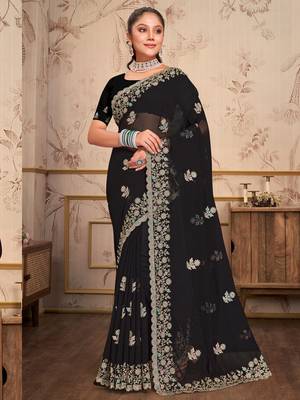 Black Zari Embroidered Border Georgette Saree With Blouse Piece 6