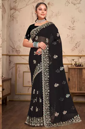 Black Zari Embroidered Border Georgette Saree With Blouse Piece
