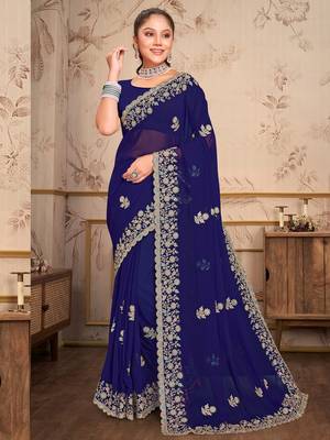 Navy Blue Zari Embroidered Border Georgette Saree With Blouse Piece 6