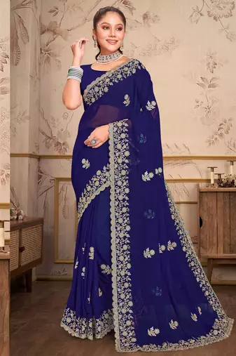 Navy Blue Zari Embroidered Border Georgette Saree With Blouse Piece