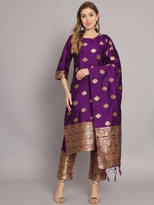 Purple Kurta and Trousers Pant Set with Heavy Zari Work in Silk Blend 1