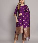 Purple Kurta and Trousers Pant Set with Heavy Zari Work in Silk Blend