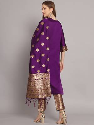 Purple Kurta and Trousers Pant Set with Heavy Zari Work in Silk Blend 2
