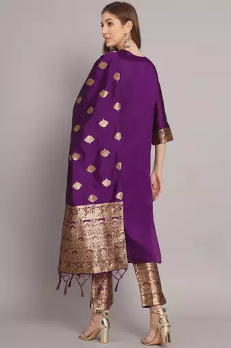 Purple Kurta and Trousers Pant Set with Heavy Zari Work in Silk Blend