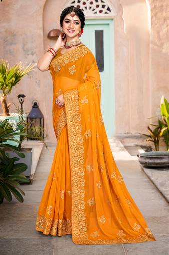 Mustard Resham Embroidery Shimmer Silk Saree