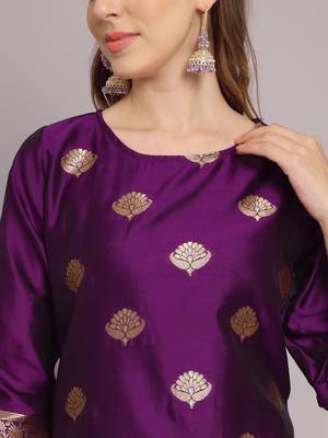 Purple Kurta and Trousers Pant Set with Heavy Zari Work in Silk Blend 3