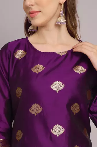 Purple Kurta and Trousers Pant Set with Heavy Zari Work in Silk Blend