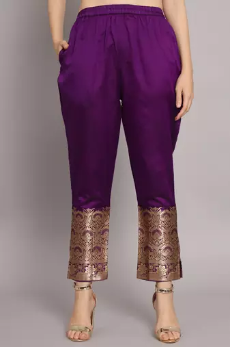Purple Kurta and Trousers Pant Set with Heavy Zari Work in Silk Blend