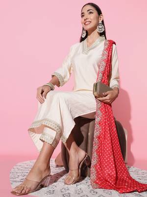 Gadhwal Fabric Sequence Embroidered Work Straight Cut Kurta, Pant and Dupatta Set 1
