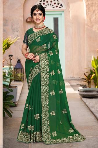Green Resham Embroidery Shimmer Silk Saree