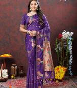 Womens New Soft Paithani Silk Purple Color Copper Zari Woven Paithani Saree With Unstitched Matching Blouse